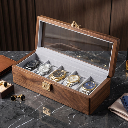 Minimalist Walnut Watch Box for Men with Tempered Glass Lid