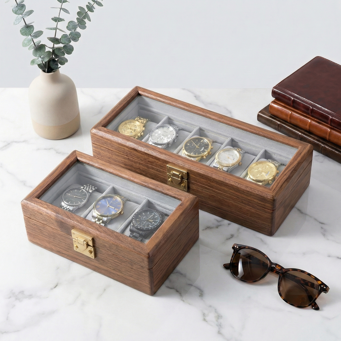Minimalist Walnut Watch Box for Men with Tempered Glass Lid