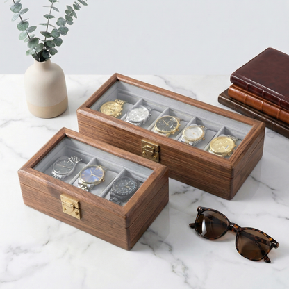 Minimalist Walnut Watch Box for Men with Tempered Glass Lid