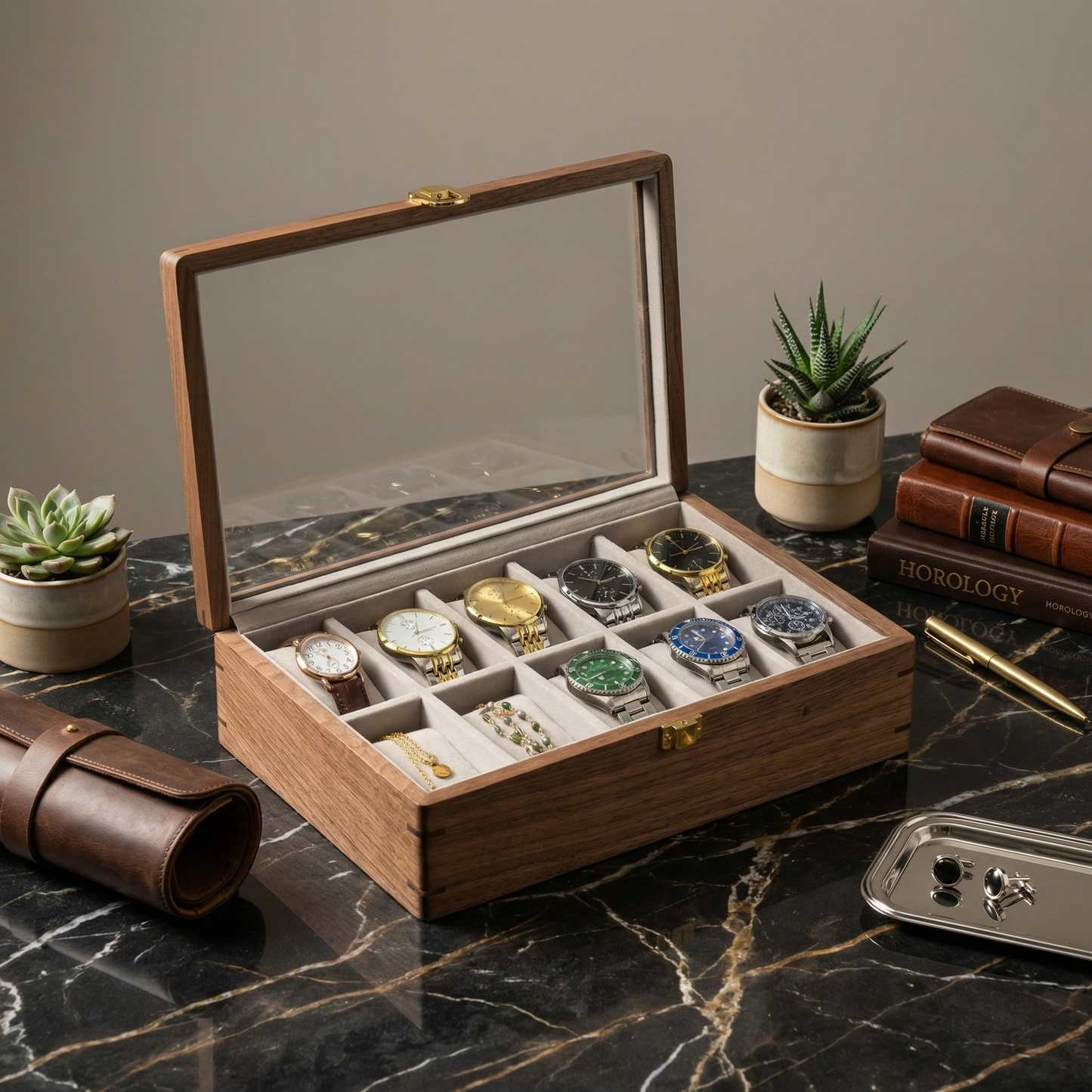 Watch Box for Men with Glass Top & Soft Cushions