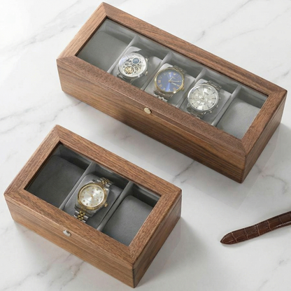 Tempus Walnut Watch Box with Glass Top and Soft Cushions
