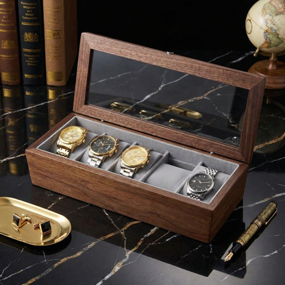 Tempus Walnut Watch Box with Glass Top and Soft Cushions