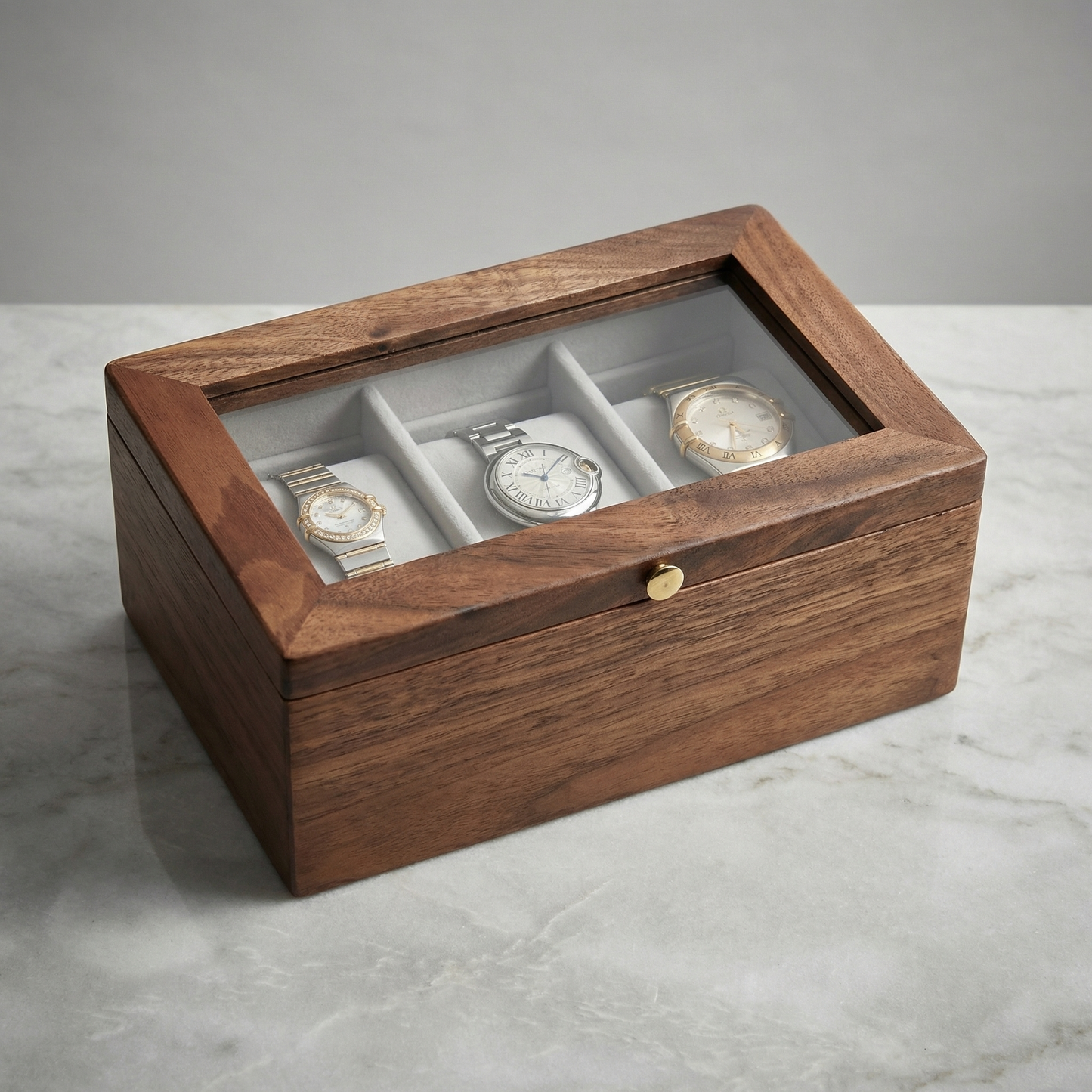 Tempus Walnut Watch Box with Glass Top and Soft Cushions