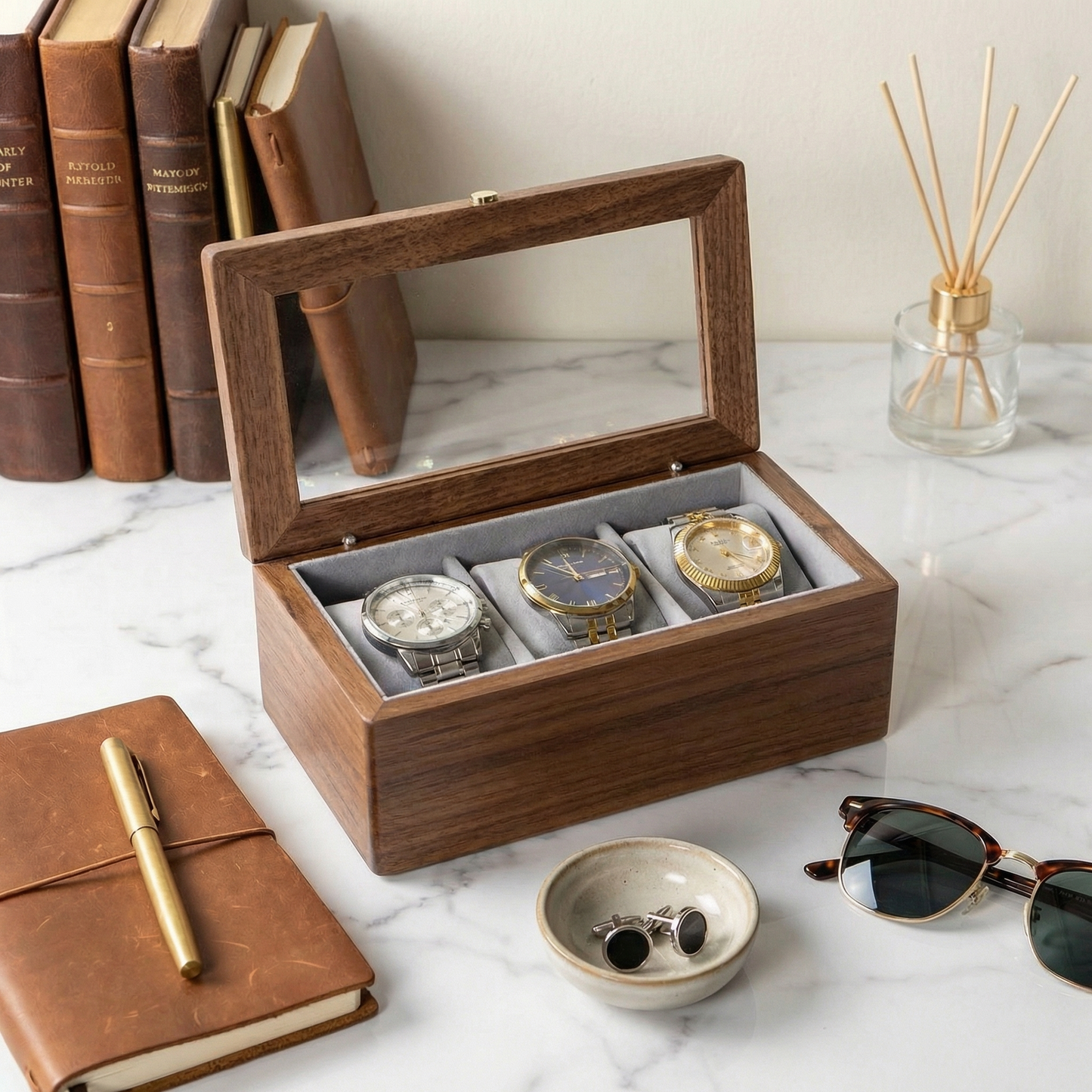 Tempus Walnut Watch Box with Glass Top and Soft Cushions