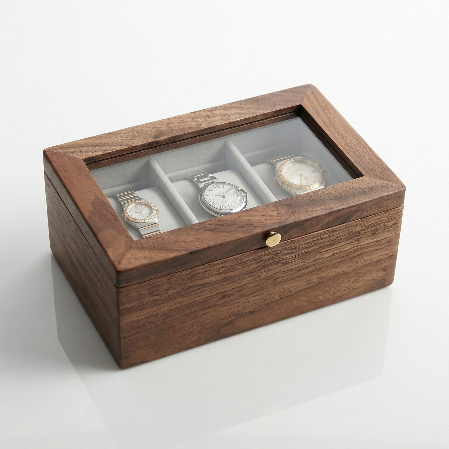 Tempus Walnut Watch Box with Glass Top and Soft Cushions