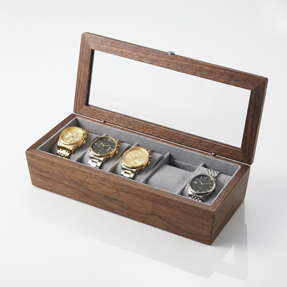 Tempus Walnut Watch Box with Glass Top and Soft Cushions