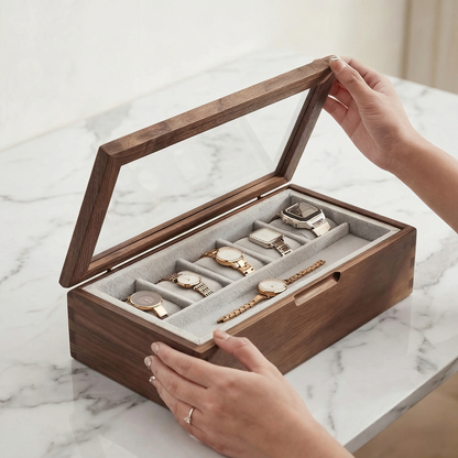 Elegant Walnut Watch Box | Luxury Watch Display Case with Glass Lid & Velvet Interior