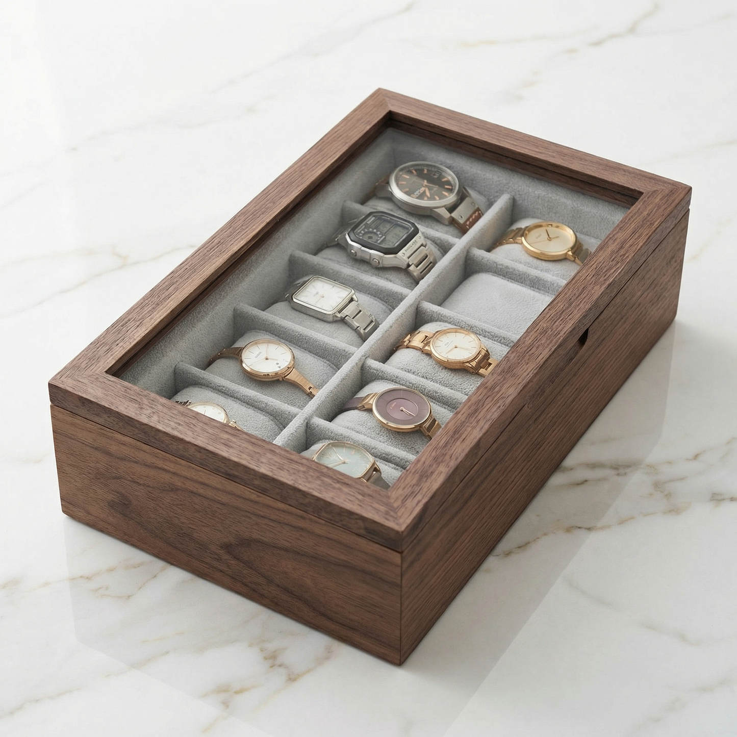 Elegant Walnut Watch Box | Luxury Watch Display Case with Glass Lid & Velvet Interior