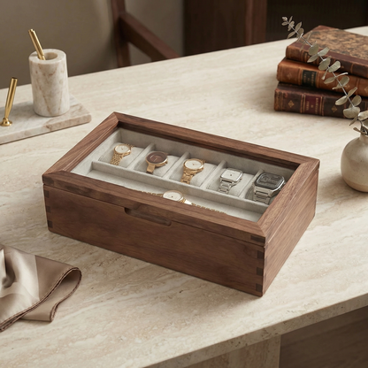 Elegant Walnut Watch Box | Luxury Watch Display Case with Glass Lid & Velvet Interior