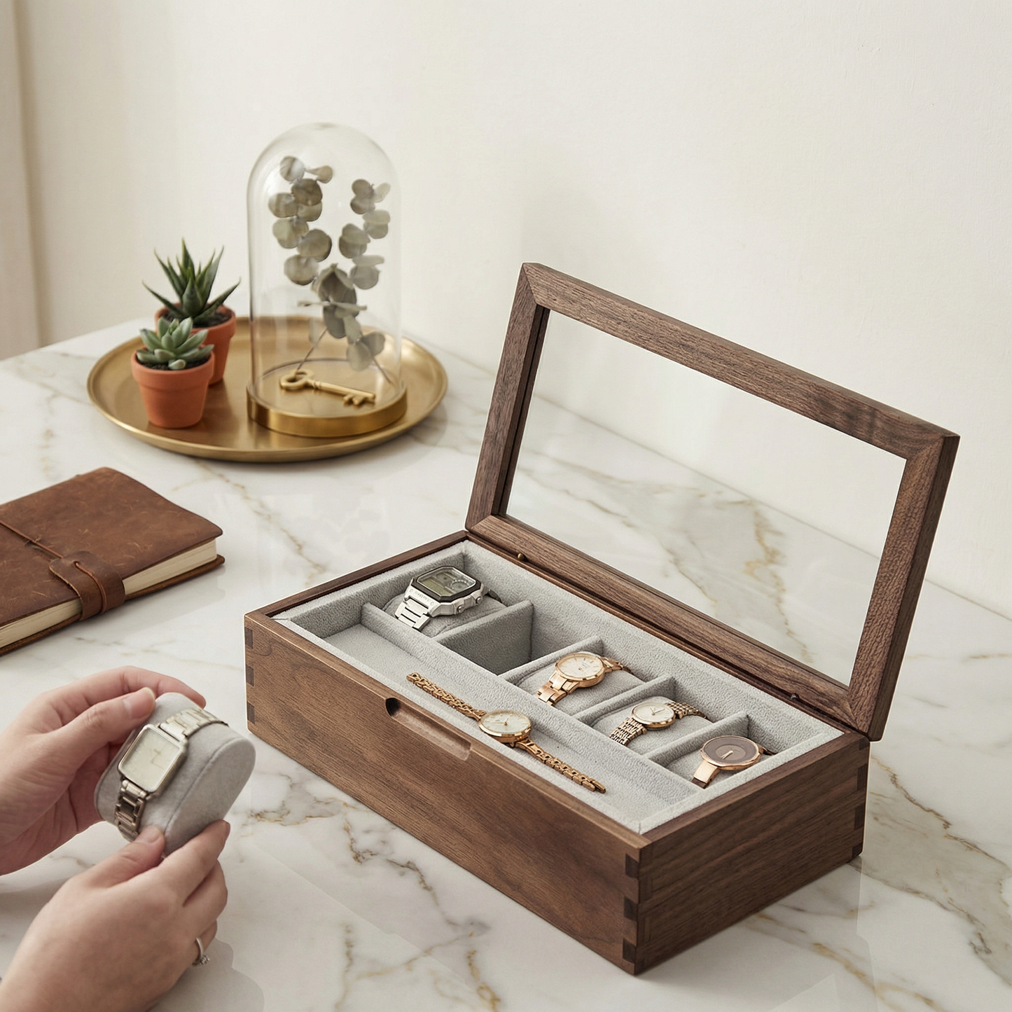 Elegant Walnut Watch Box | Luxury Watch Display Case with Glass Lid & Velvet Interior