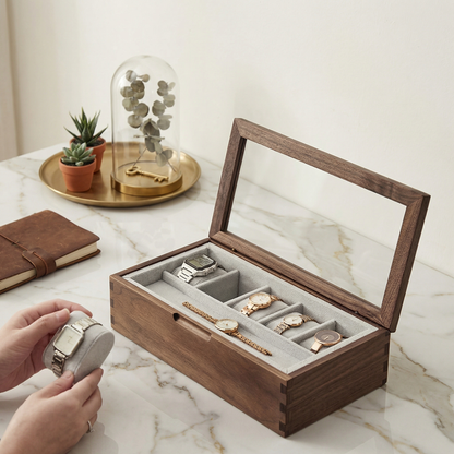 Elegant Walnut Watch Box | Luxury Watch Display Case with Glass Lid & Velvet Interior