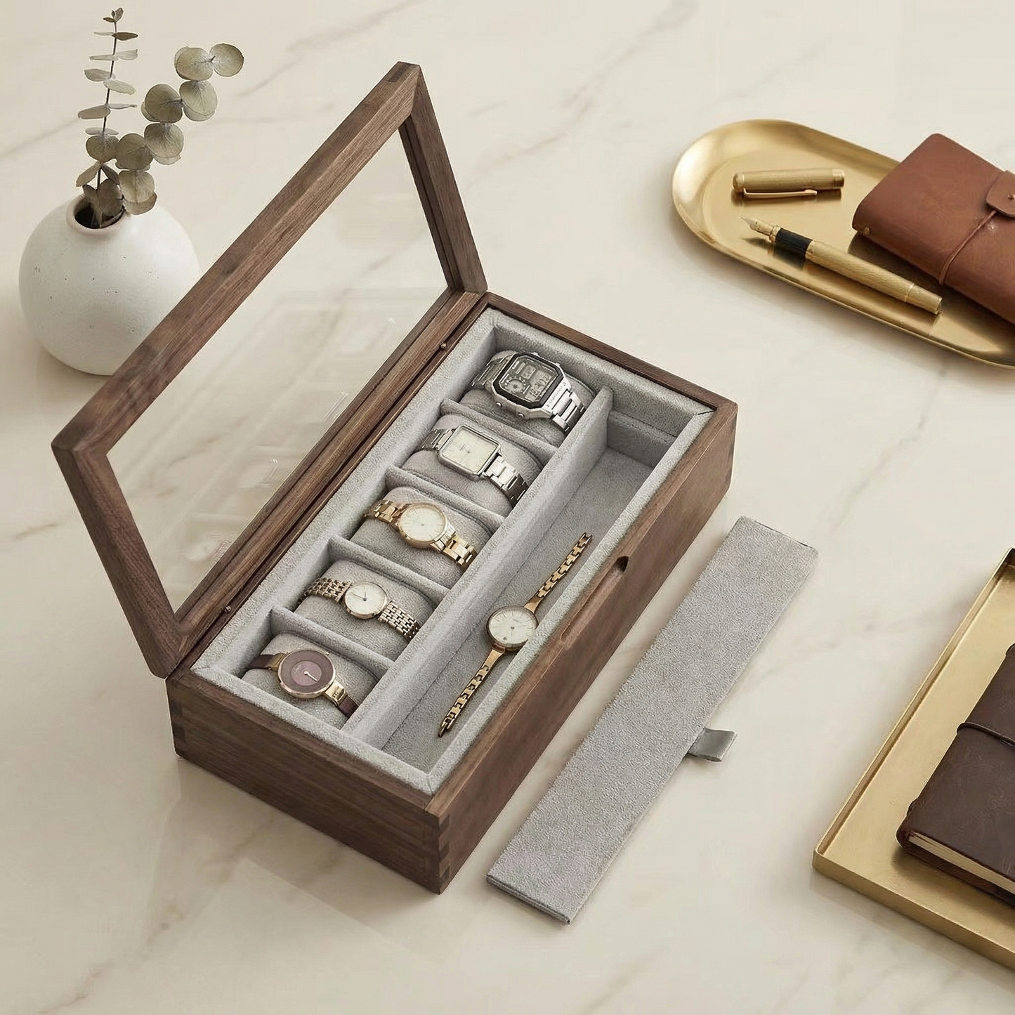 Elegant Walnut Watch Box | Luxury Watch Display Case with Glass Lid & Velvet Interior