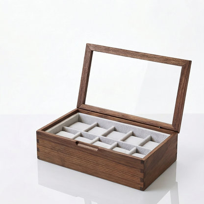 Elegant Walnut Watch Box | Luxury Watch Display Case with Glass Lid & Velvet Interior