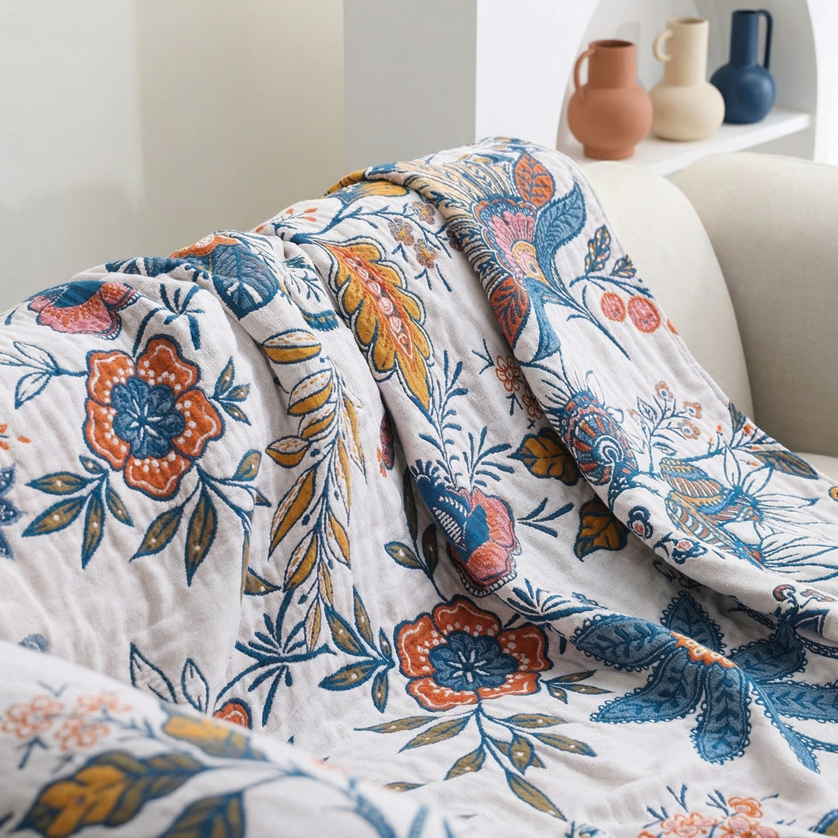 Floral Blanket with Reversible Design | 100% Cotton for Year-Round Comfort