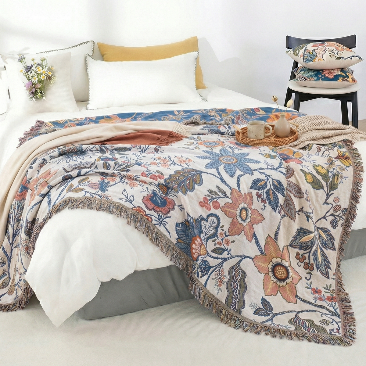 Floral Blanket with Reversible Design | 100% Cotton for Year-Round Comfort