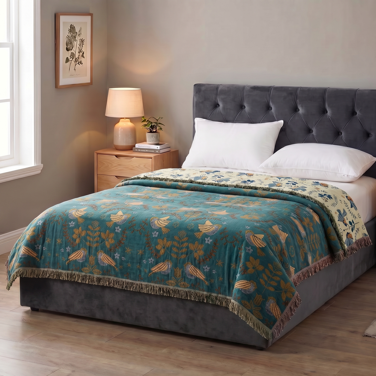 Reversible Cotton Throw Blanket with Bird Design | Cozy Home Decor for Ultimate Comfort