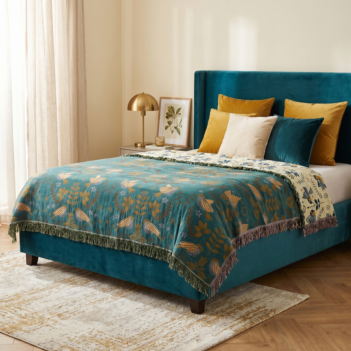 Reversible Cotton Throw Blanket with Bird Design | Cozy Home Decor for Ultimate Comfort
