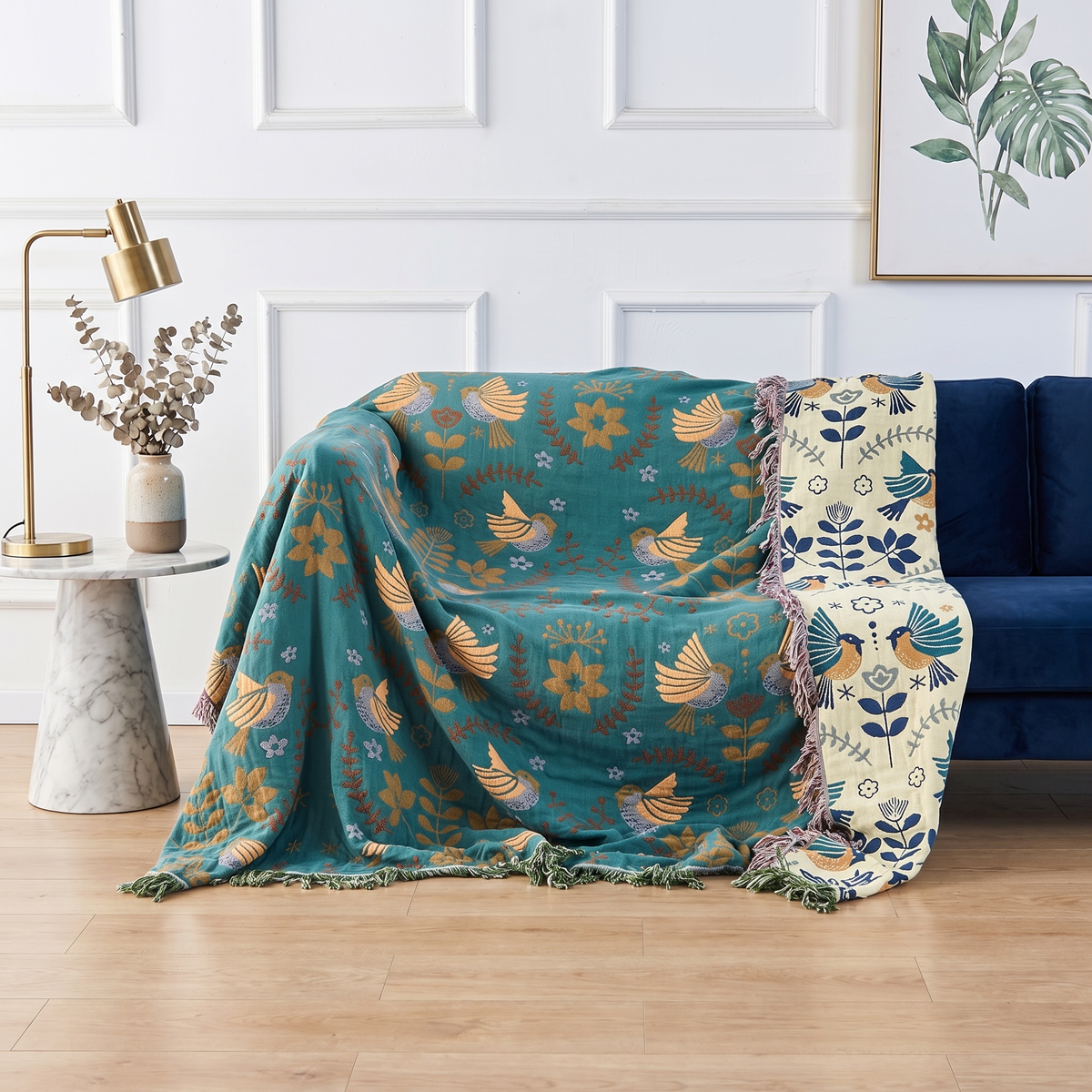 Reversible Cotton Throw Blanket with Bird Design | Cozy Home Decor for Ultimate Comfort