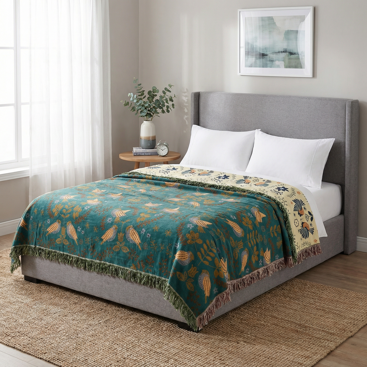 Reversible Cotton Throw Blanket with Bird Design | Cozy Home Decor for Ultimate Comfort