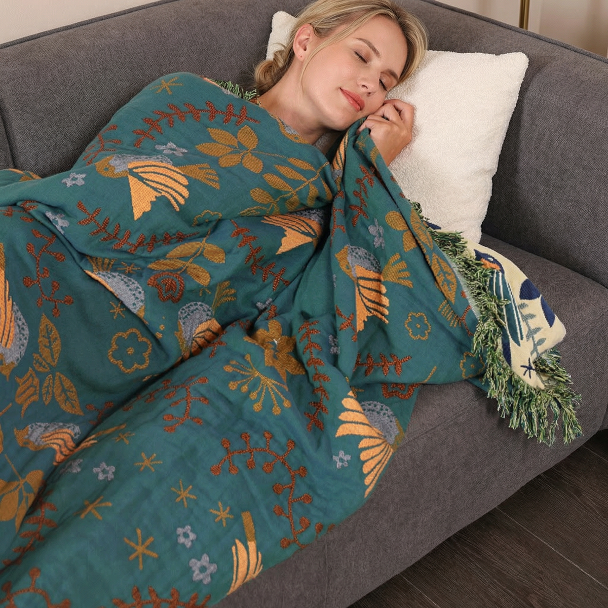 Reversible Cotton Throw Blanket with Bird Design | Cozy Home Decor for Ultimate Comfort