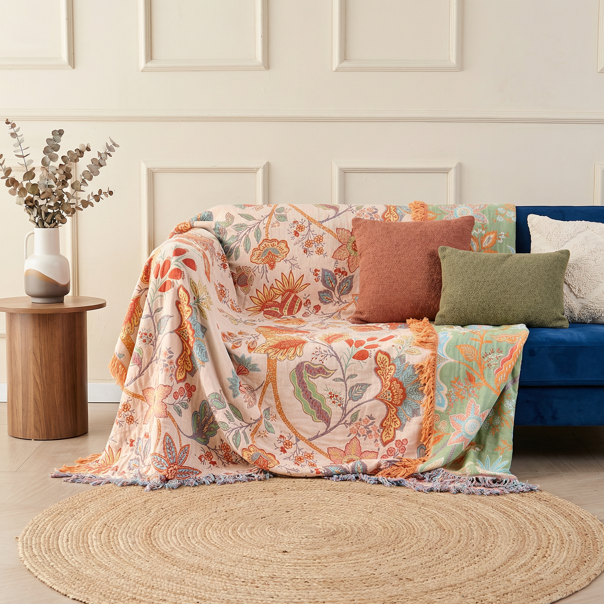 Boho Bliss | Floral Throw Blanket with Playful Fringe | Cozy Cotton Decor for Any Space