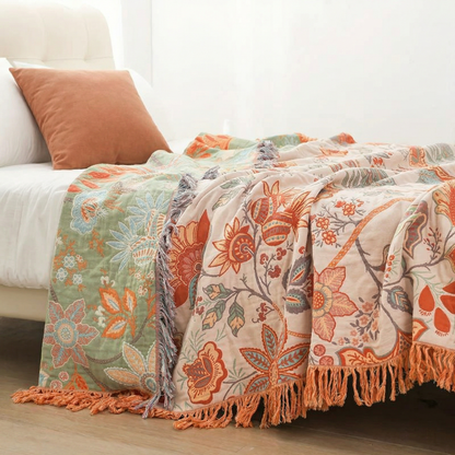 Boho Bliss | Floral Throw Blanket with Playful Fringe | Cozy Cotton Decor for Any Space