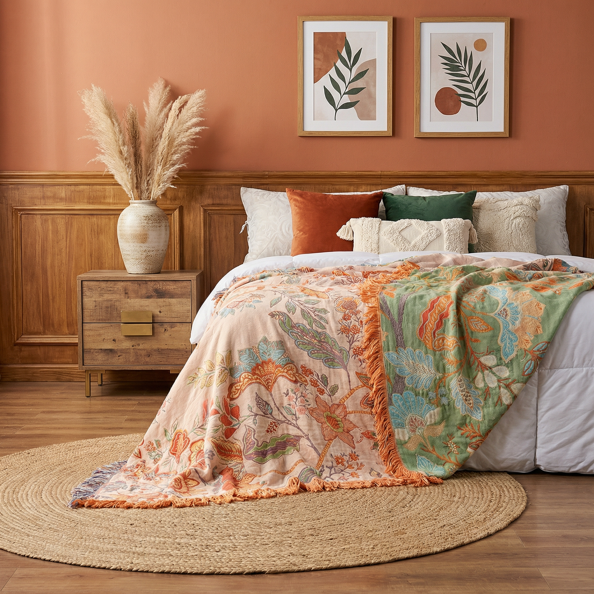 Boho Bliss | Floral Throw Blanket with Playful Fringe | Cozy Cotton Decor for Any Space