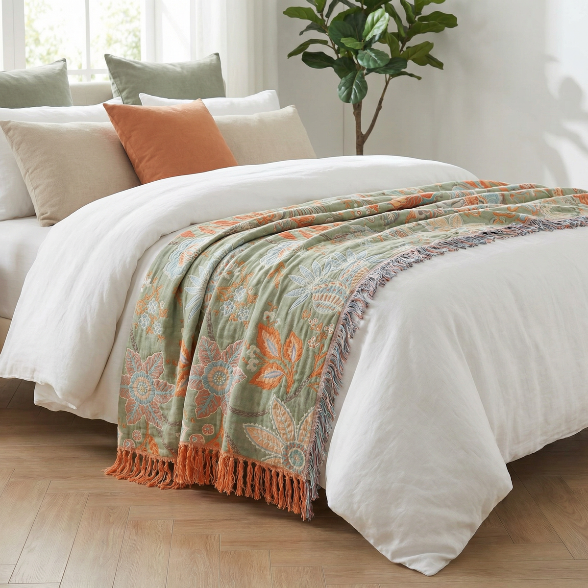 Boho Bliss | Floral Throw Blanket with Playful Fringe | Cozy Cotton Decor for Any Space