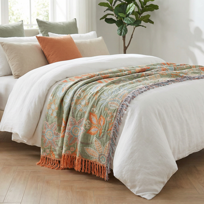 Boho Bliss | Floral Throw Blanket with Playful Fringe | Cozy Cotton Decor for Any Space