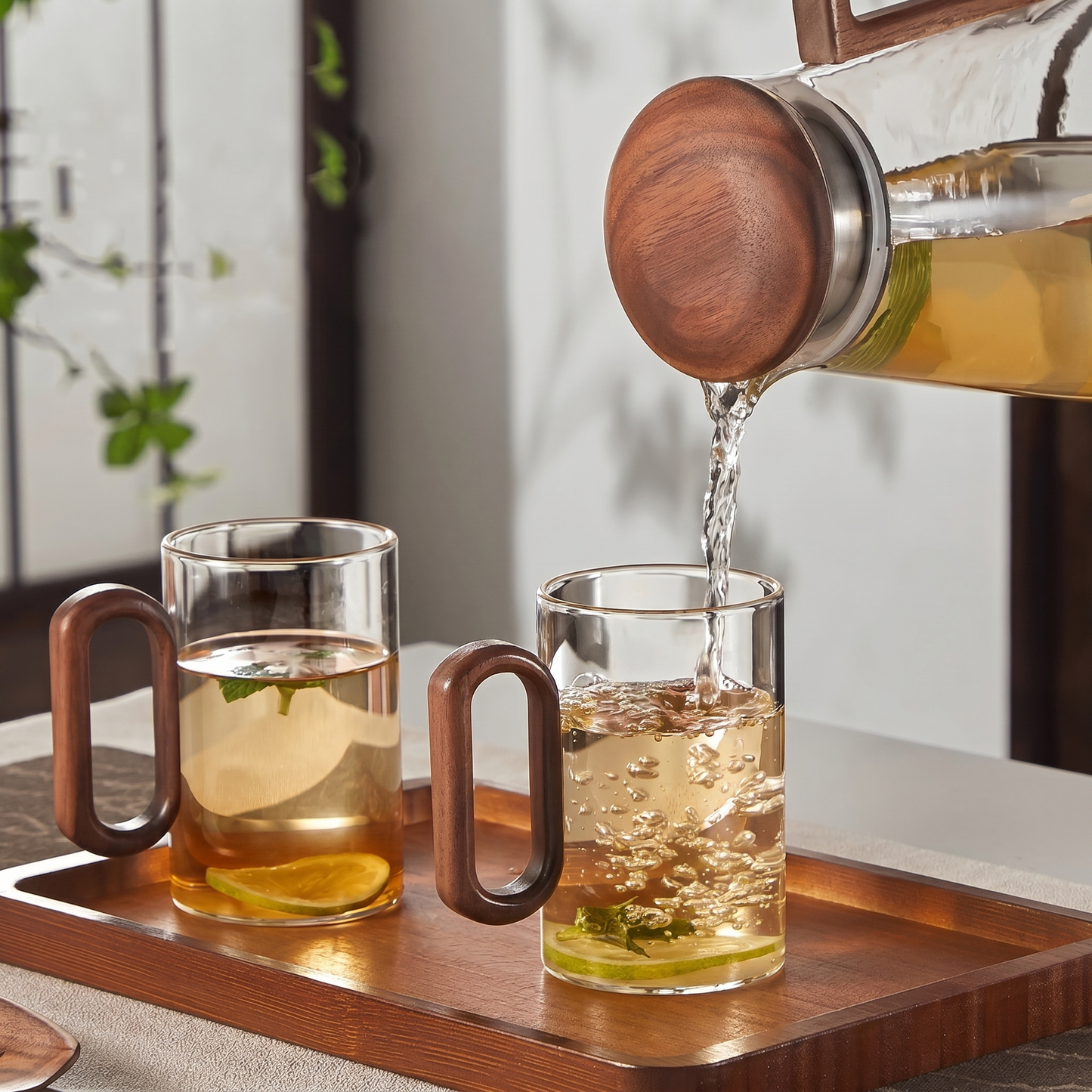 Elegant Glass Mugs with Heat-Resistant Wooden Handle