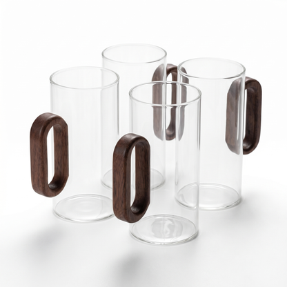 Elegant Glass Mugs with Heat-Resistant Wooden Handle