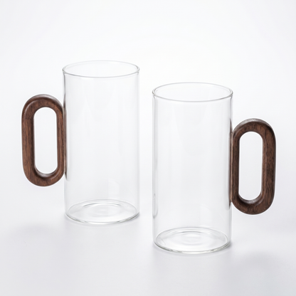 Elegant Glass Mugs with Heat-Resistant Wooden Handle