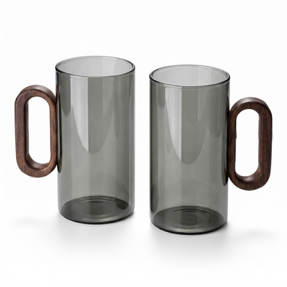 Elegant Glass Mugs with Heat-Resistant Wooden Handle