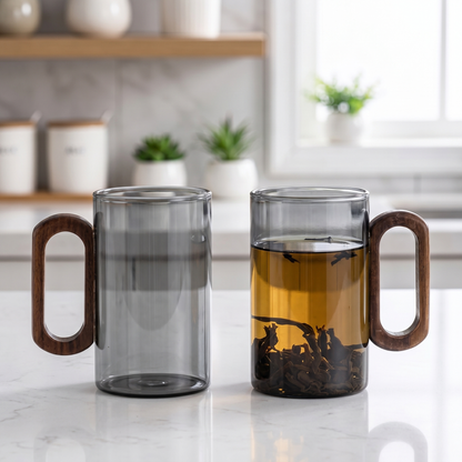 Elegant Glass Mugs with Heat-Resistant Wooden Handle