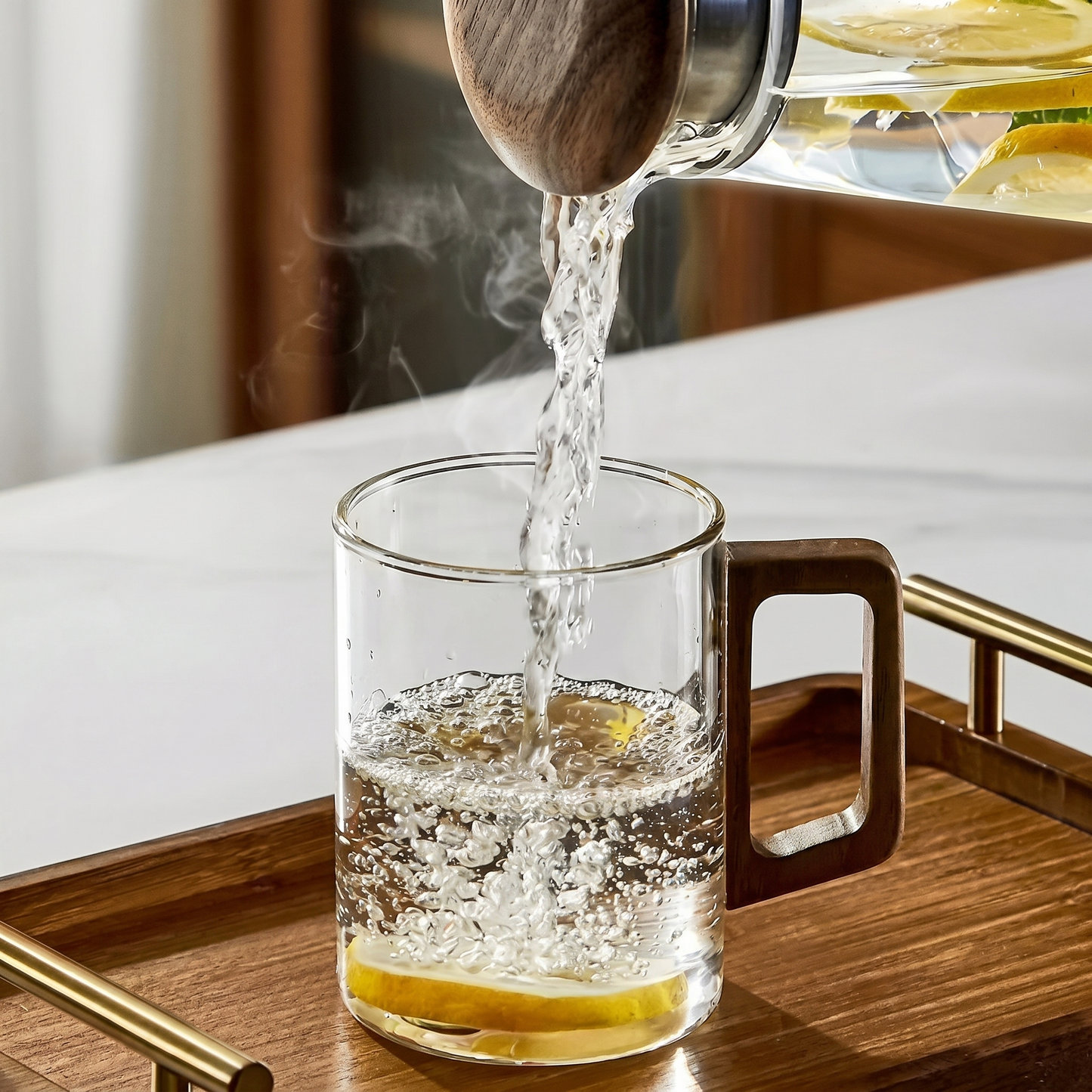 400ml Elegant Glass Tea Mug with Walnut Handle
