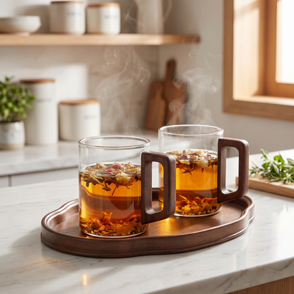 400ml Elegant Glass Tea Mug with Walnut Handle