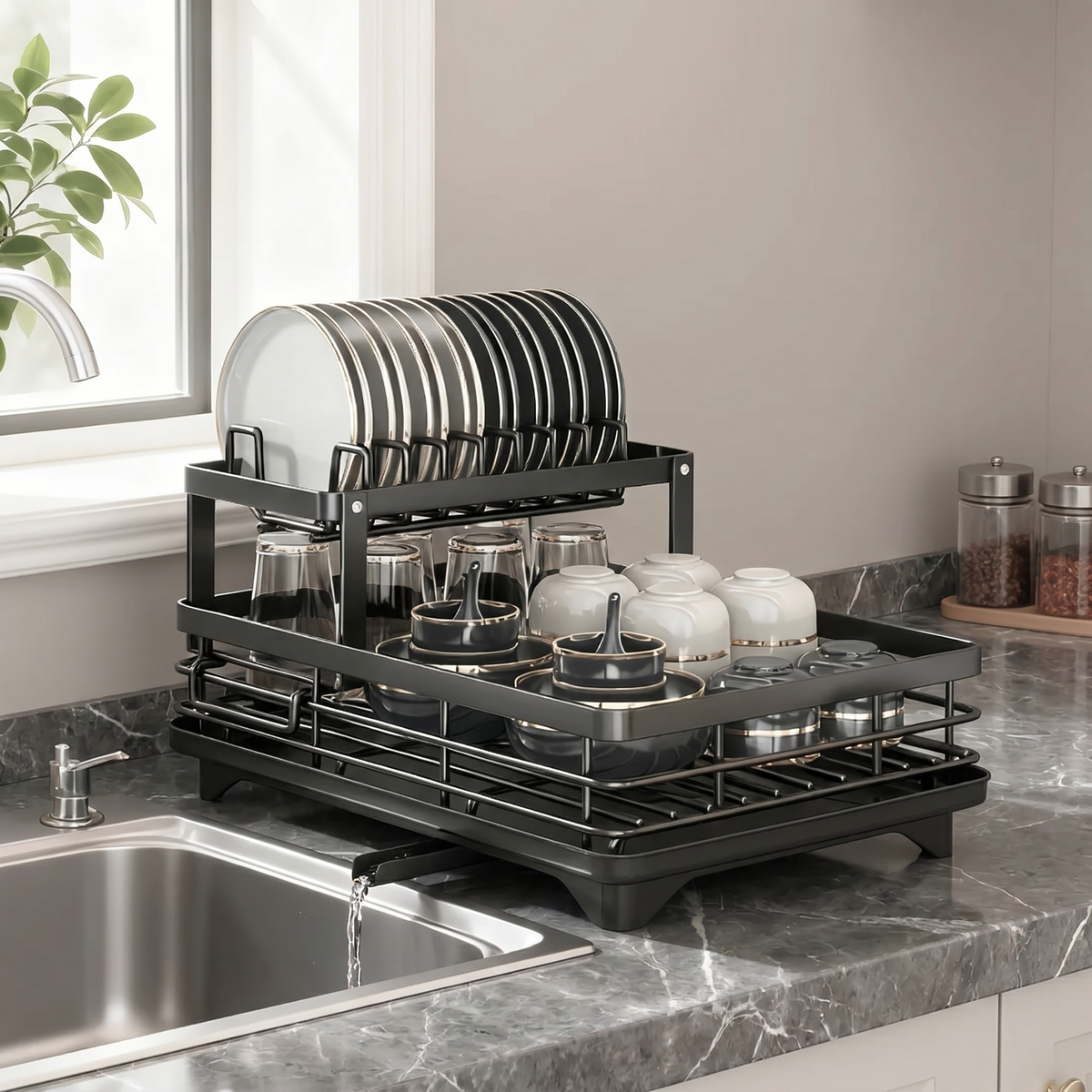 2-Tier Compact Dish Drying Rack for Countertop Kitchen Storage