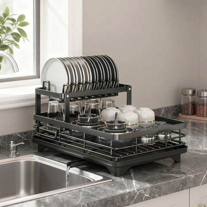 2-Tier Compact Dish Drying Rack for Countertop Kitchen Storage