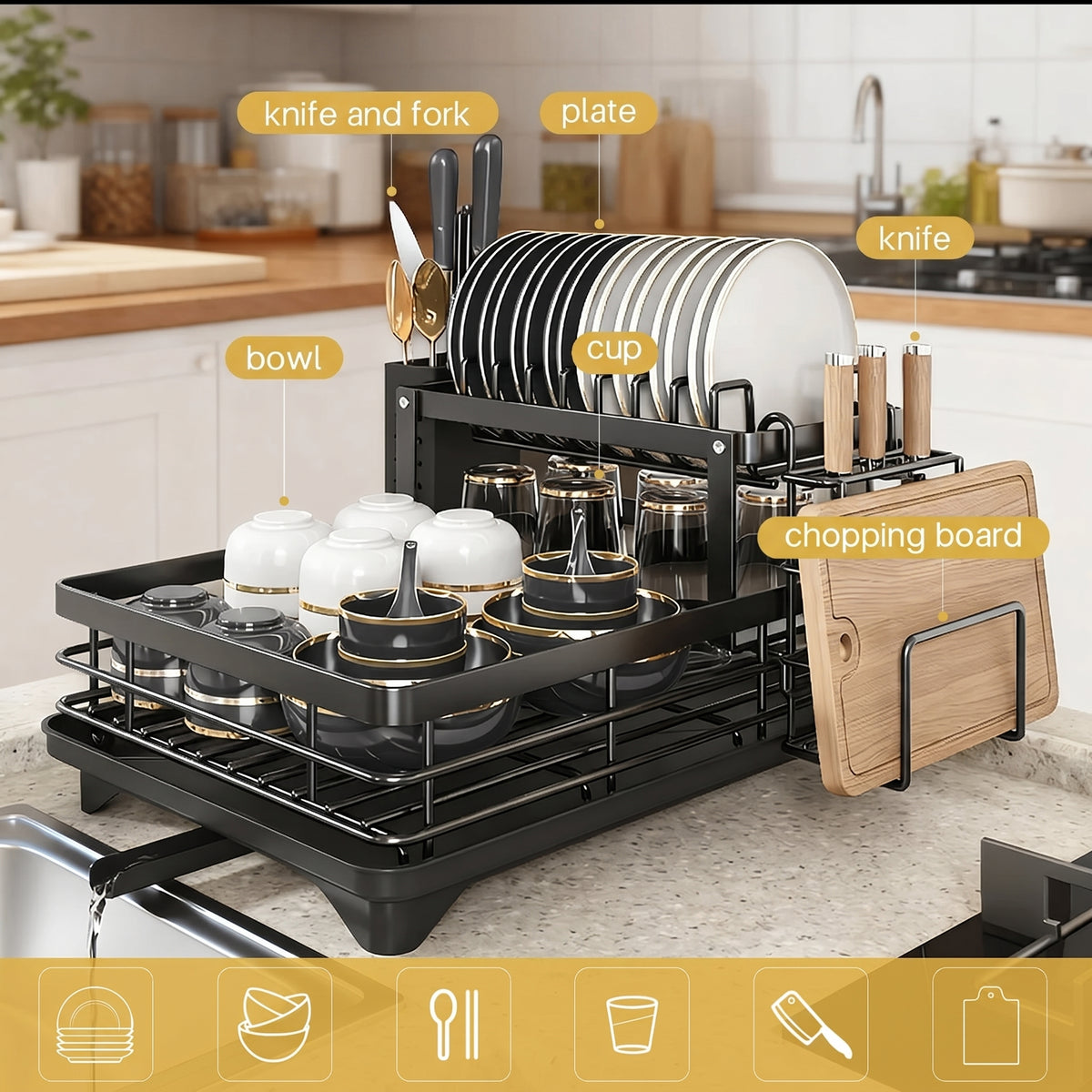 2-Tier Compact Dish Drying Rack for Countertop Kitchen Storage