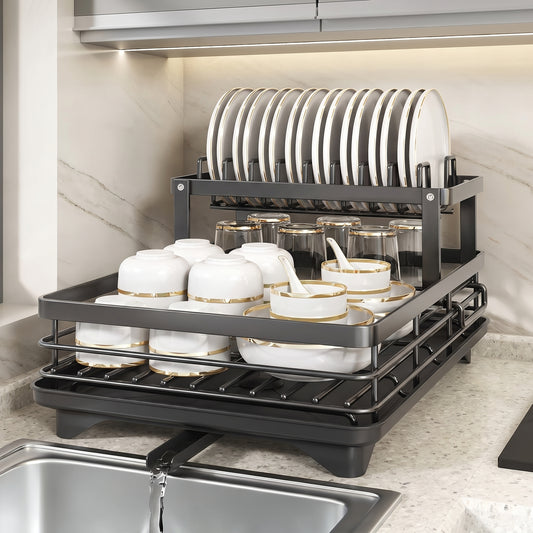 2-Tier Compact Dish Drying Rack for Countertop Kitchen Storage
