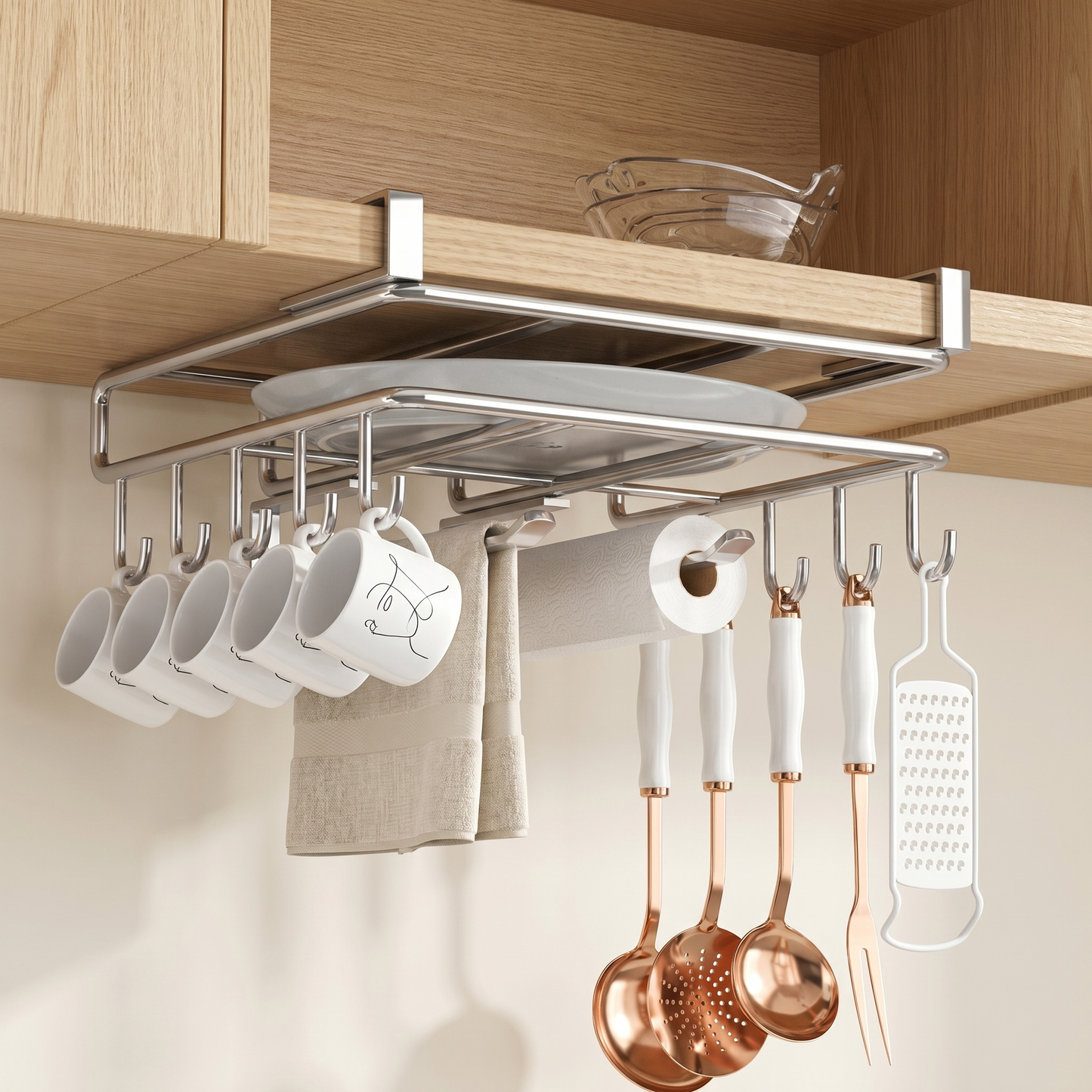 Under-Shelf Kitchen Storage Rack with 2-Tier Stainless Steel Design