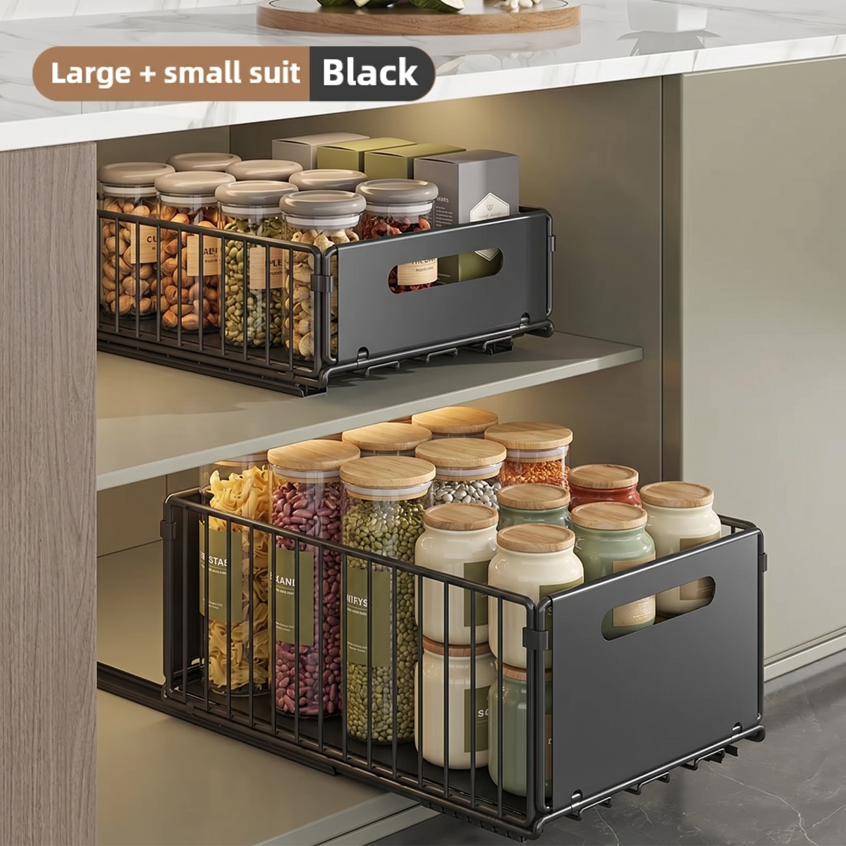 Pull-Out Kitchen Cabinet Storage Rack for Snacks, Jars and Pantry Items
