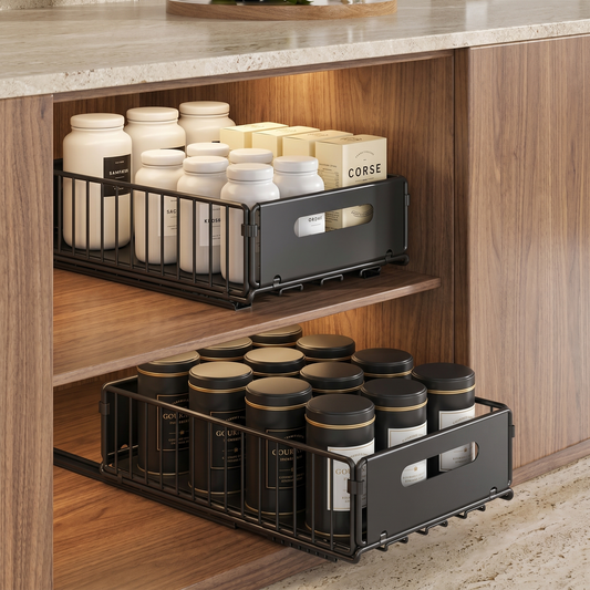 Pull-Out Kitchen Cabinet Storage Rack for Snacks, Jars and Pantry Items