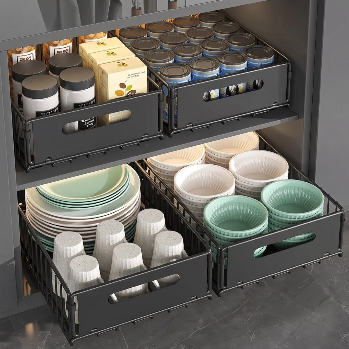 Pull-Out Kitchen Cabinet Storage Rack for Snacks, Jars and Pantry Items