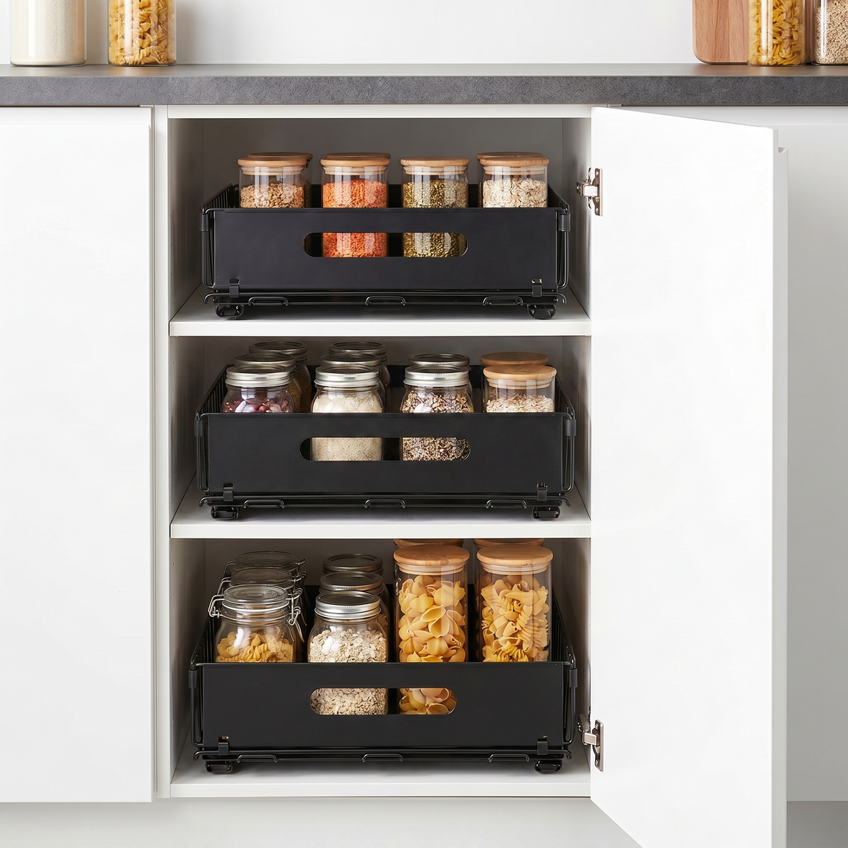 Pull-Out Kitchen Cabinet Storage Rack for Snacks, Jars and Pantry Items