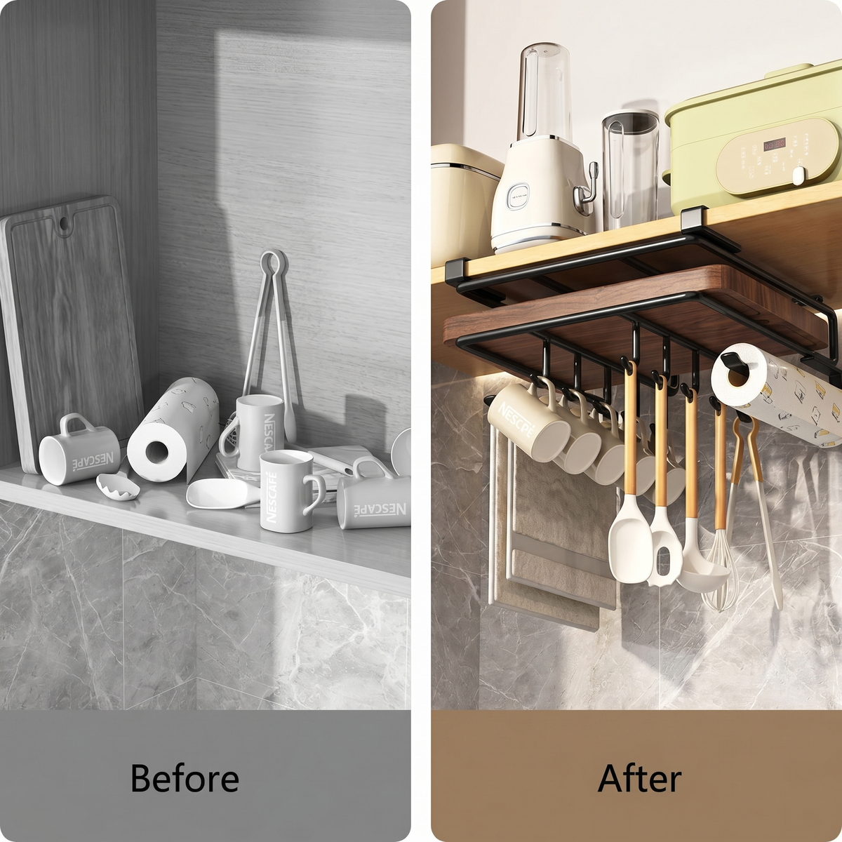 Under-Cabinet Kitchen Organizer Rack with Hooks