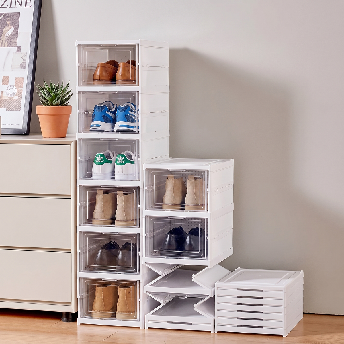 Stackable Shoe Storage Box with Clear Doors