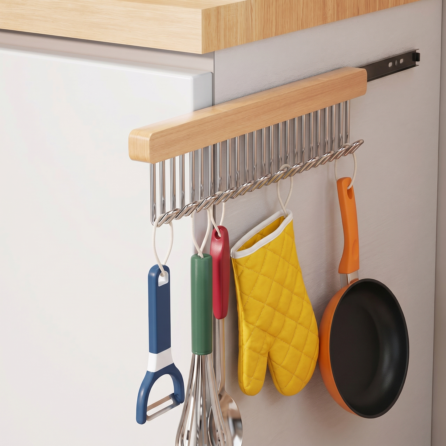 Wooden Wall-Mounted Clothes Hanger with Fold-Away Hooks