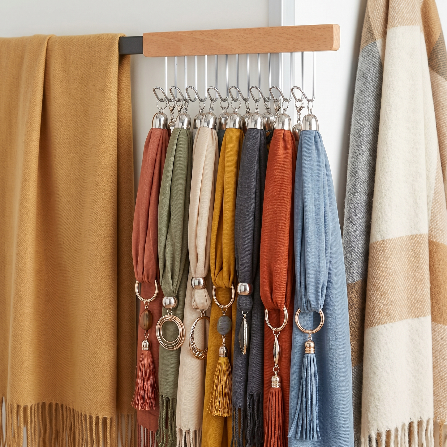 Wooden Wall-Mounted Clothes Hanger with Fold-Away Hooks