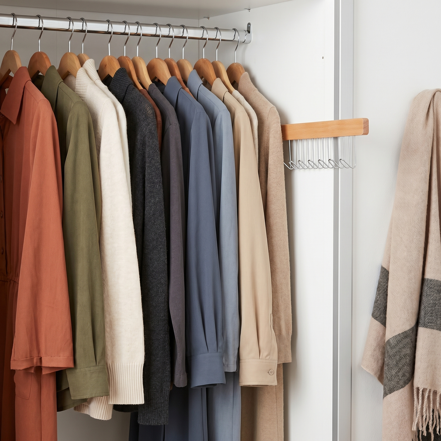 Wooden Wall-Mounted Clothes Hanger with Fold-Away Hooks